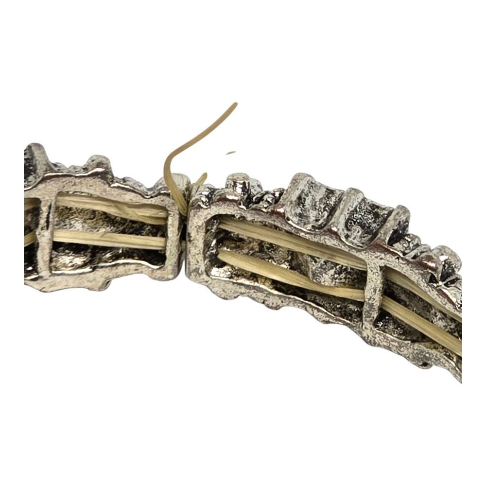 Vintage Silver Tone Stretch Bracelet Clear Rhinestone Crystal Square Ornate - Picture 10 of 10